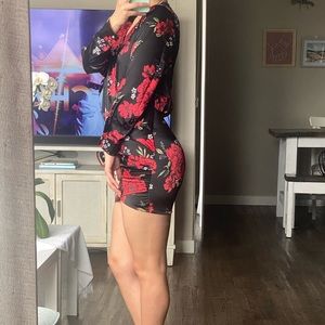 long sleeve silk/satin  fabric. Black and red.